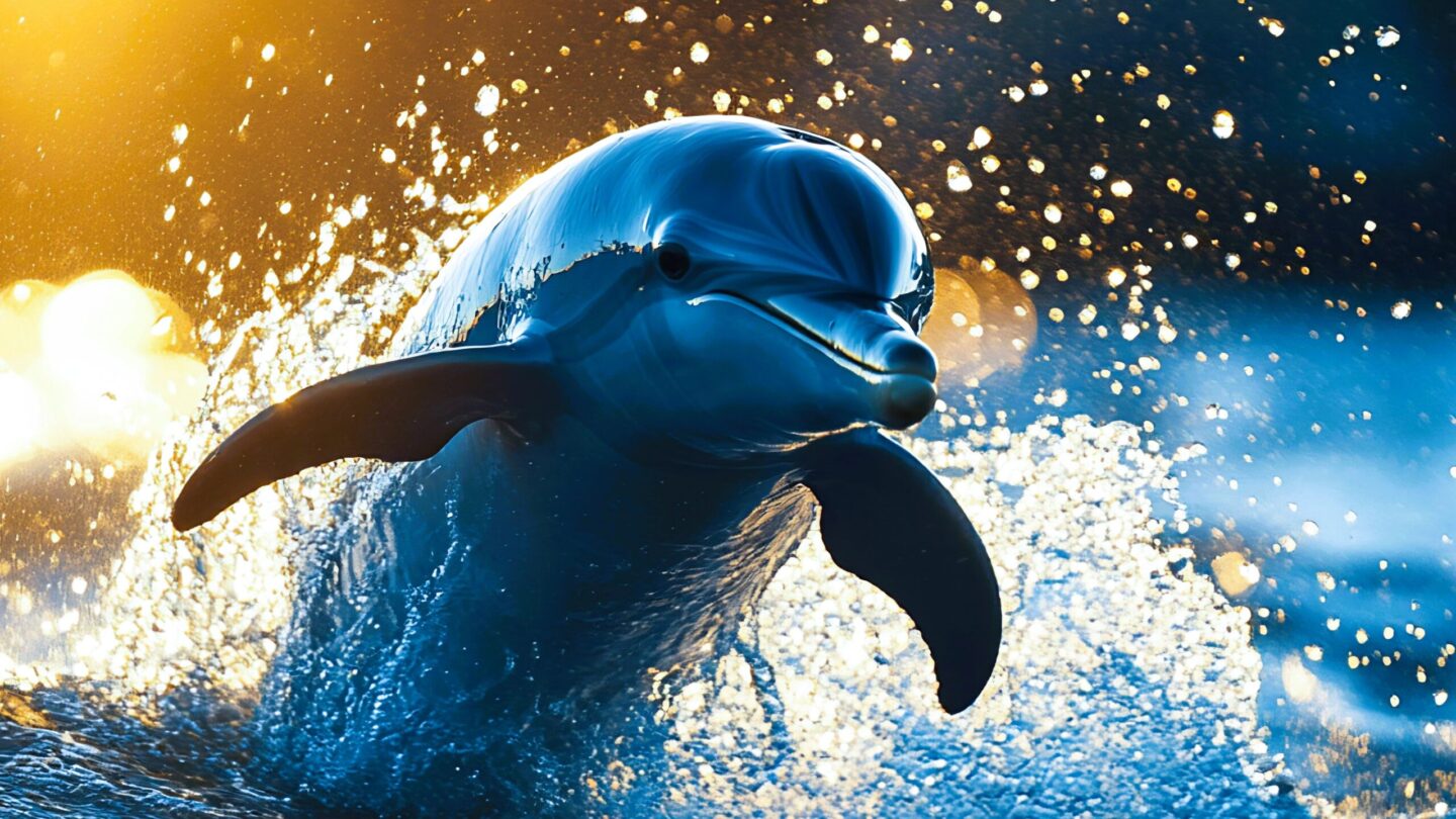 Playful dolphin leaping in ocean sunset