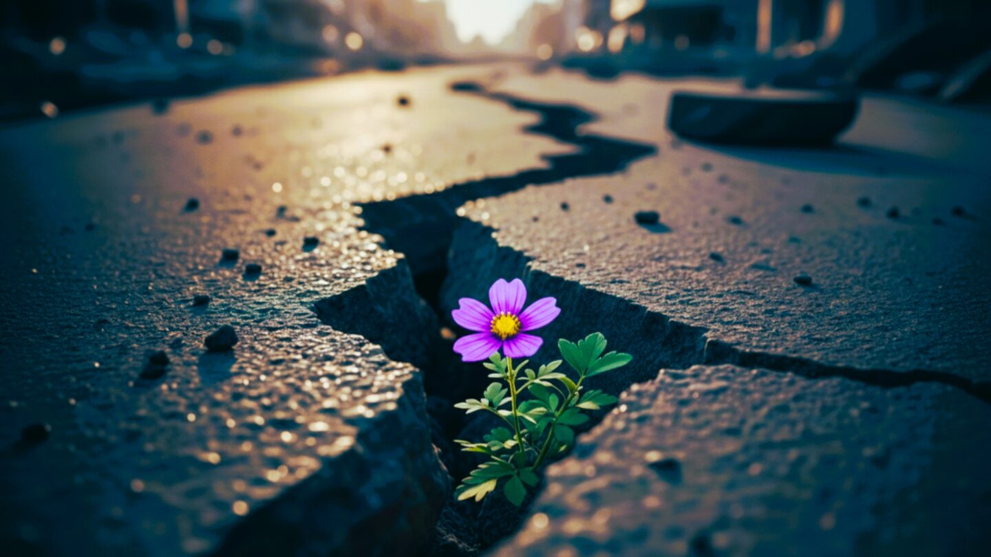 Gemini Generated Image Flower cracks through street after earthquake