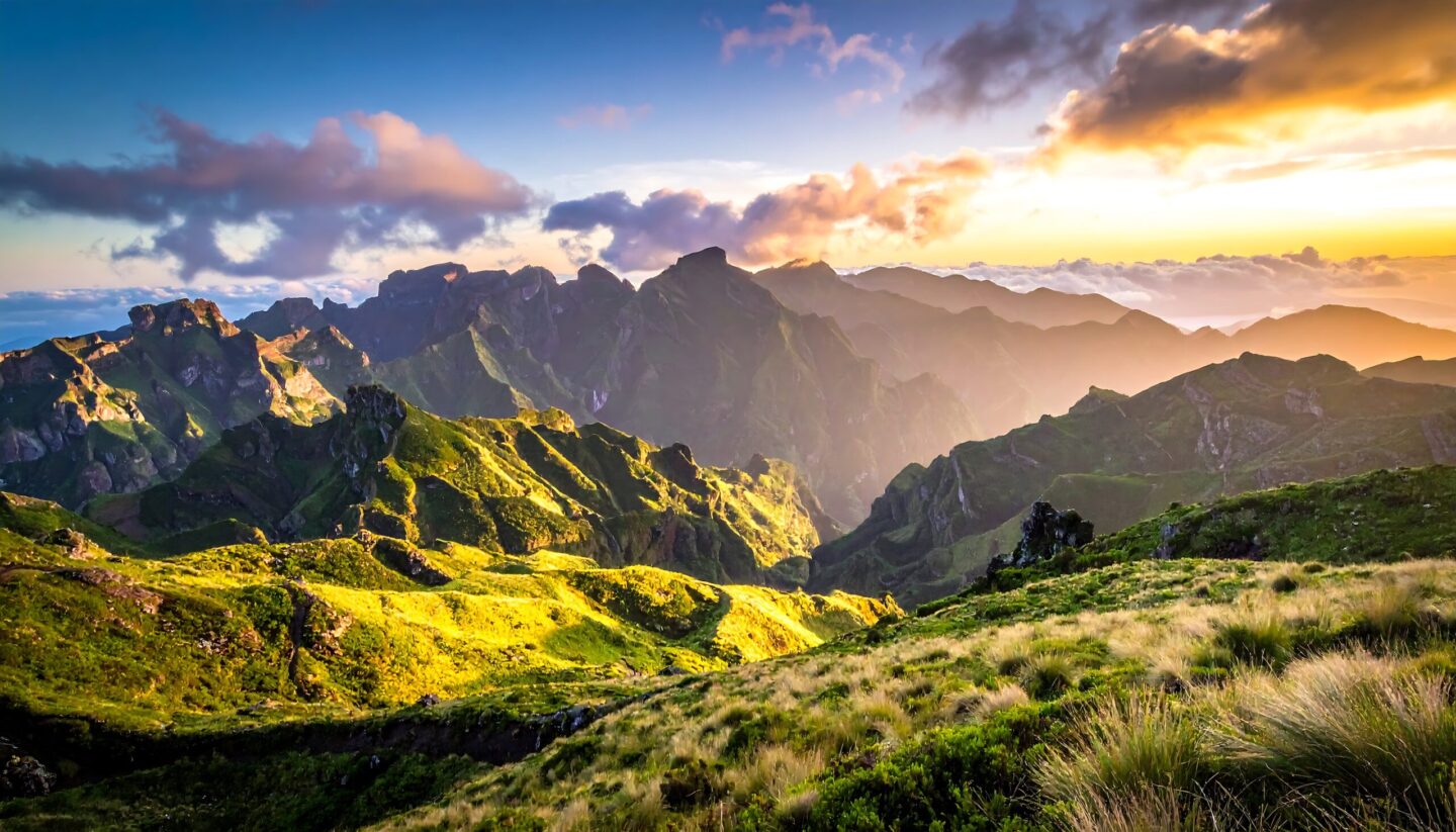 A vibrant landscape showing majestic mountains at sunrise. lush green valleys and grassy foreground lead to the stunning peaks lit by the setting sun
